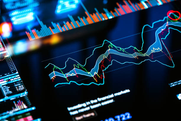 Trading charts and data background on pixelated screen